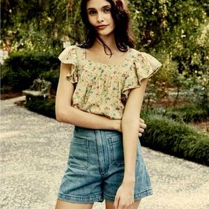 DOEN Abelene Top Yellow Tasha Garden Print Ruffle Floral Blouse Size Small